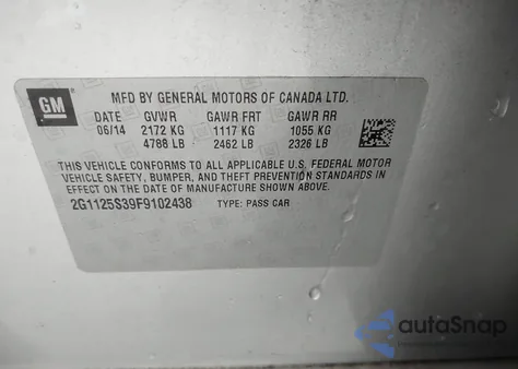 2015 Chevrolet Impala 2Lt из США, поврежденный, VIN 2G1125S39F9102438